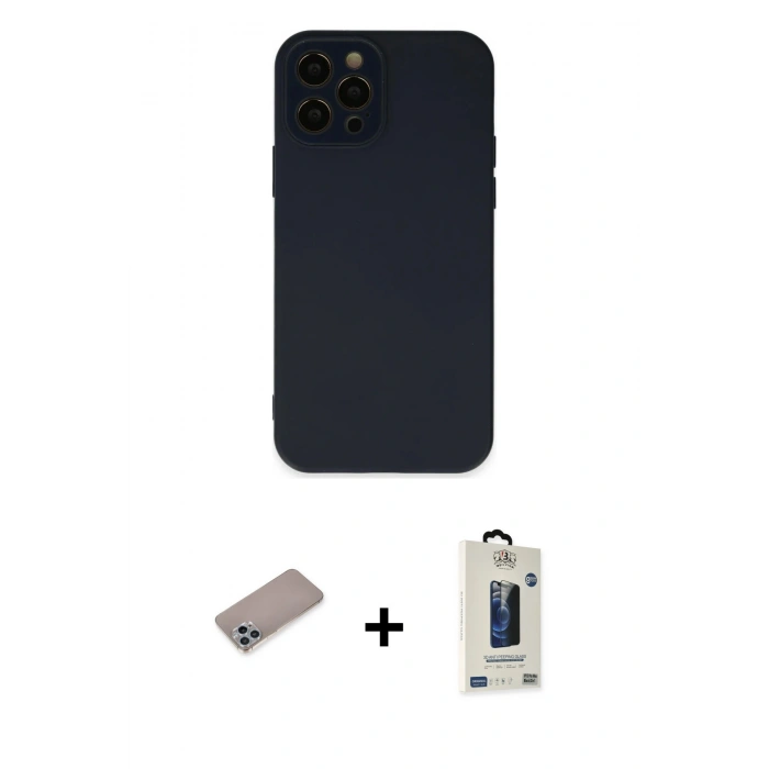 MARSİLYAN™- iPhone 12 Pro Max Kılıf Çekirdek Modern Serisi - Siyah Bilvis Hayalet Cam Ekran Koruyucu + Shine Kamera Lens Koruma Cam - SABE
