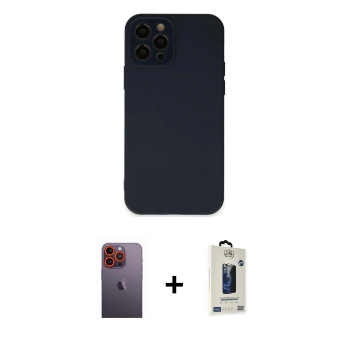 MARSİLYAN™- iPhone 12 Pro Max Kılıf Çekirdek Modern Serisi - Siyah Bilvis Hayalet Cam Ekran Koruyucu + Neon Fosforlu Kamera Lens - TU