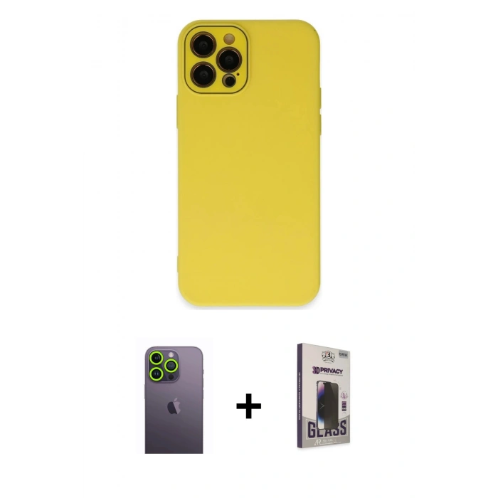 MARSİLYAN™- iPhone 12 Pro Max Kılıf Çekirdek Modern Serisi - Siyah Bilvis Hayalet Cam Ekran Koruyucu + Neon Fosforlu Kamera Lens - YL