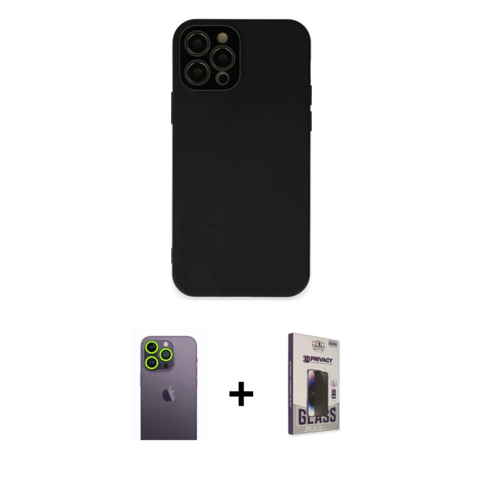 MARSİLYAN™- iPhone 12 Pro Max Kılıf Çekirdek Modern Serisi - Siyah Bilvis Hayalet Cam Ekran Koruyucu + Neon Fosforlu Kamera Lens - YL
