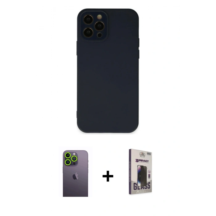 MARSİLYAN™- iPhone 12 Pro Max Kılıf Çekirdek Modern Serisi - Siyah Bilvis Hayalet Cam Ekran Koruyucu + Neon Fosforlu Kamera Lens - YL