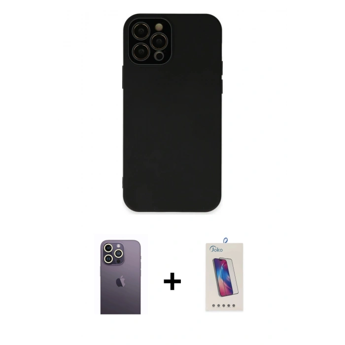 MARSİLYAN™- iPhone 12 Pro Max Kılıf Çekirdek Modern Serisi - Siyah Joko 5D Cam + Neon Fosforlu Kamera Lens - BZ