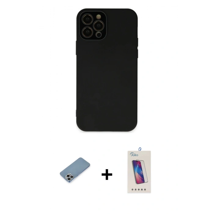 MARSİLYAN™- iPhone 12 Pro Max Kılıf Çekirdek Modern Serisi - Siyah Joko 5D Cam + Gökkuşağı Shine Kamera Lens Koruma Cam