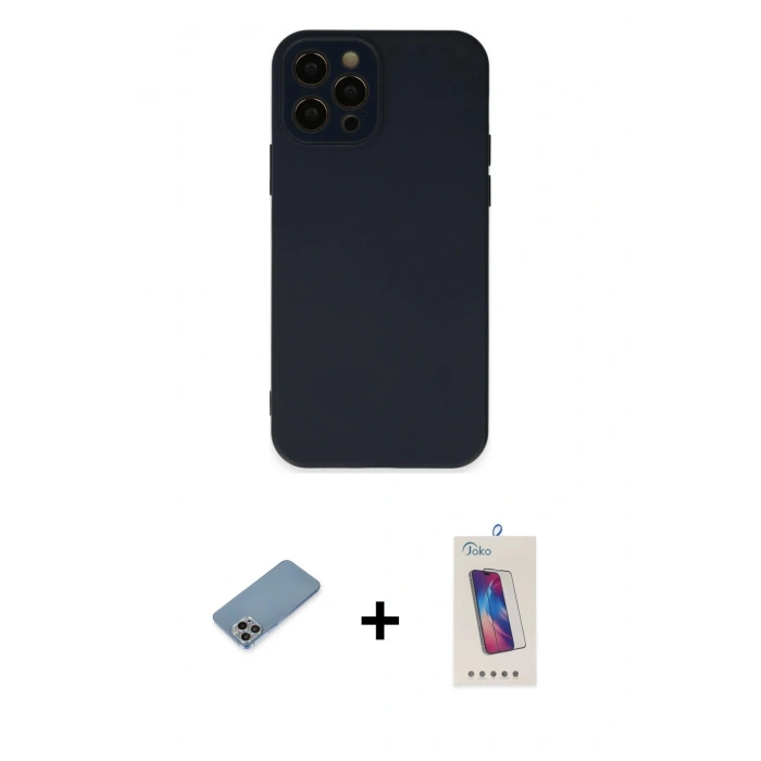 MARSİLYAN™- iPhone 12 Pro Max Kılıf Çekirdek Modern Serisi - Siyah Joko 5D Cam + Gökkuşağı Shine Kamera Lens Koruma Cam