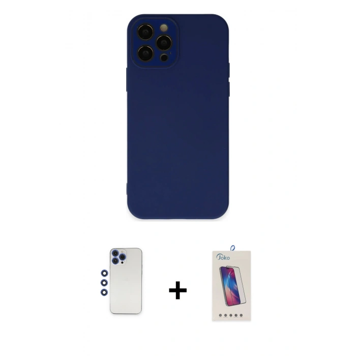 MARSİLYAN™- iPhone 12 Pro Max Kılıf Çekirdek Modern Serisi - Siyah Joko 5D Cam + Lacivert Shine Kamera Lens