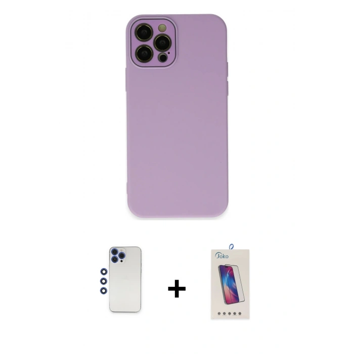 MARSİLYAN™- iPhone 12 Pro Max Kılıf Çekirdek Modern Serisi - Siyah Joko 5D Cam + Lacivert Shine Kamera Lens