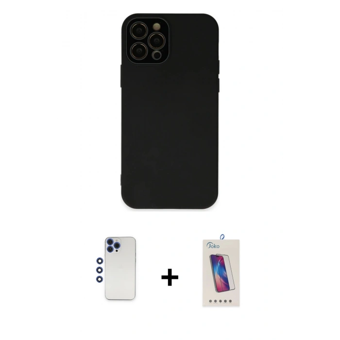 MARSİLYAN™- iPhone 12 Pro Max Kılıf Çekirdek Modern Serisi - Siyah Joko 5D Cam + Lacivert Shine Kamera Lens