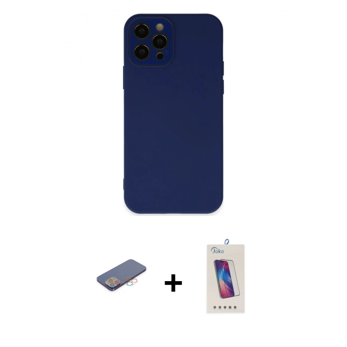 MARSİLYAN™- iPhone 12 Pro Max Kılıf Çekirdek Modern Serisi - Siyah Joko 5D Cam + Renkli Kamera Lens Koruma Cam - PE