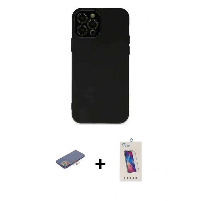 MARSİLYAN™- iPhone 12 Pro Max Kılıf Çekirdek Modern Serisi - Siyah Joko 5D Cam + Renkli Kamera Lens Koruma Cam - PE