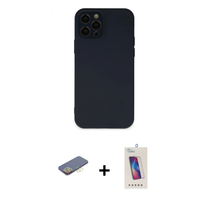 MARSİLYAN™- iPhone 12 Pro Max Kılıf Çekirdek Modern Serisi - Siyah Joko 5D Cam + Renkli Kamera Lens Koruma Cam - SI
