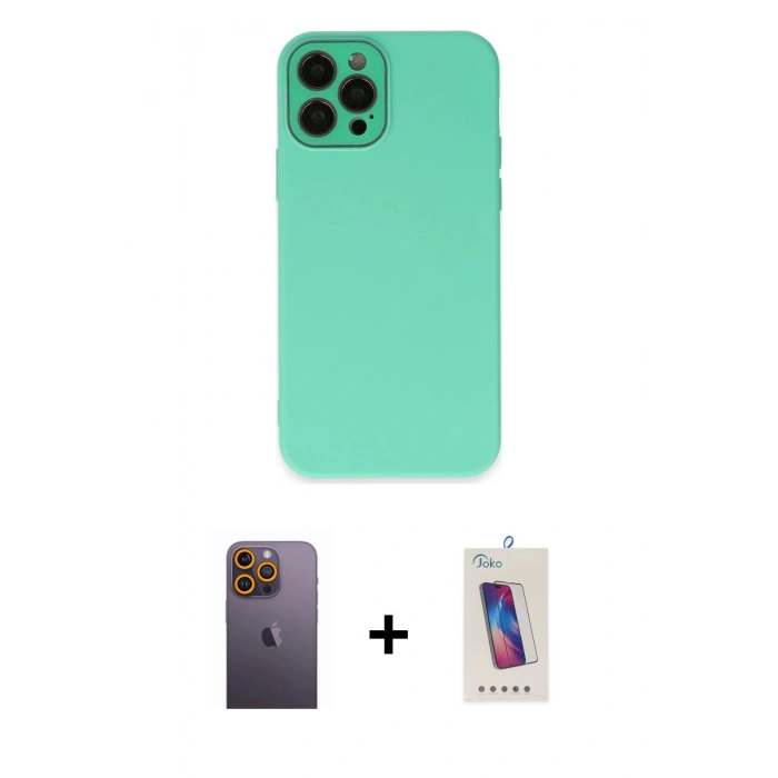 MARSİLYAN™- iPhone 12 Pro Max Kılıf Çekirdek Modern Serisi - Siyah Joko 5D Cam + Sarı Neon Fosforlu Kamera Lens