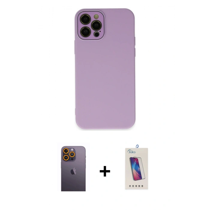 MARSİLYAN™- iPhone 12 Pro Max Kılıf Çekirdek Modern Serisi - Siyah Joko 5D Cam + Sarı Neon Fosforlu Kamera Lens