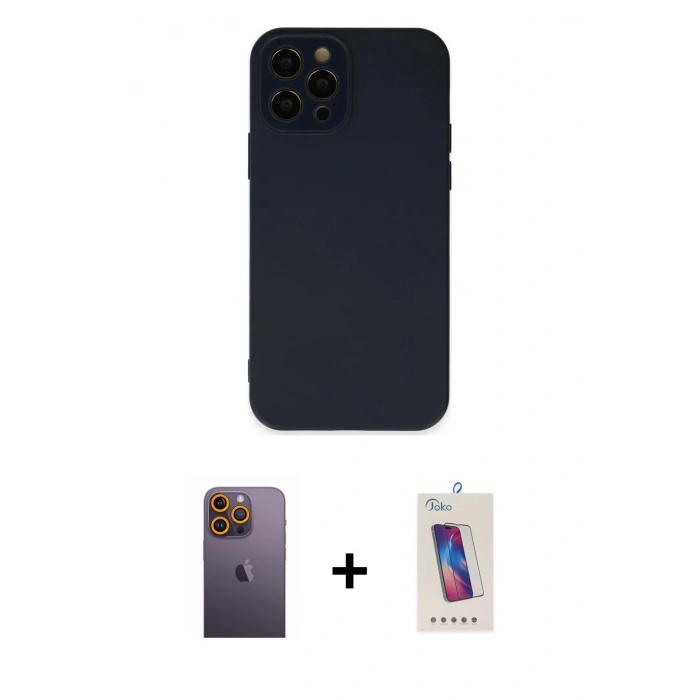 MARSİLYAN™- iPhone 12 Pro Max Kılıf Çekirdek Modern Serisi - Siyah Joko 5D Cam + Sarı Neon Fosforlu Kamera Lens