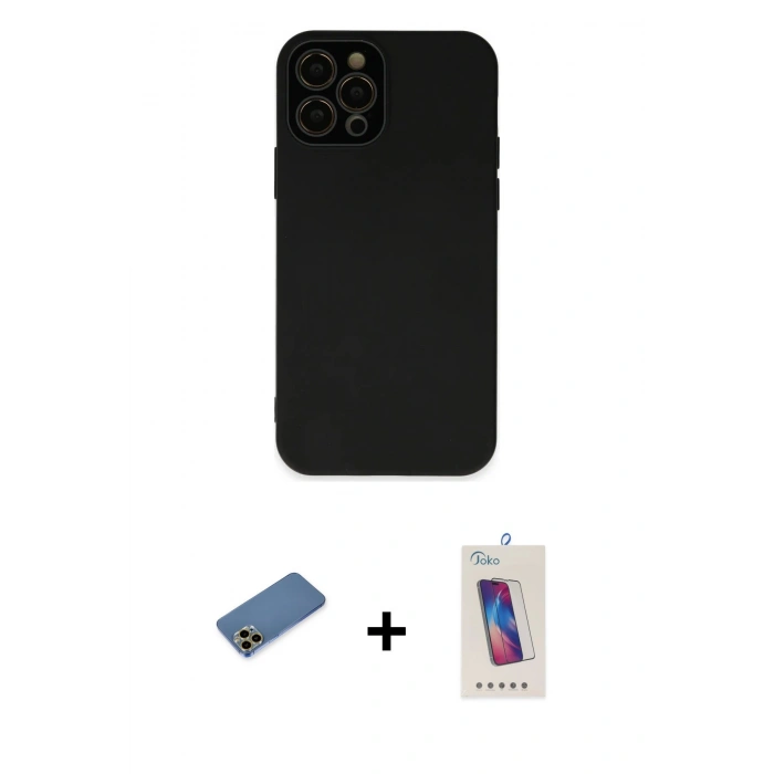 MARSİLYAN™- iPhone 12 Pro Max Kılıf Çekirdek Modern Serisi - Siyah Joko 5D Cam + Shine Kamera Lens Koruma Cam - GD