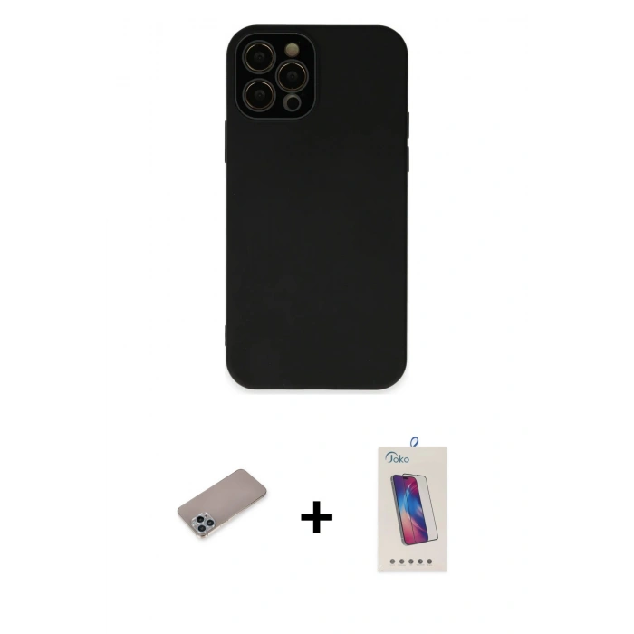 MARSİLYAN™- iPhone 12 Pro Max Kılıf Çekirdek Modern Serisi - Siyah Joko 5D Cam + Shine Kamera Lens Koruma Cam - SABE