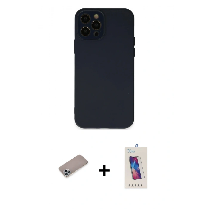MARSİLYAN™- iPhone 12 Pro Max Kılıf Çekirdek Modern Serisi - Siyah Joko 5D Cam + Shine Kamera Lens Koruma Cam - SABE