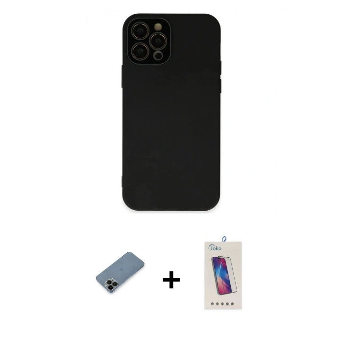 MARSİLYAN™- iPhone 12 Pro Max Kılıf Çekirdek Modern Serisi - Siyah Joko 5D Cam + Shine Kamera Lens Koruma Cam - SH