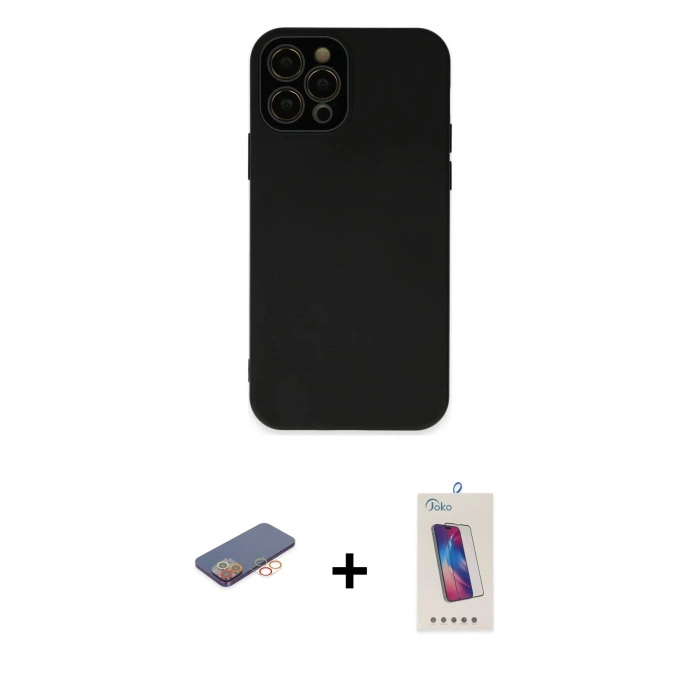 MARSİLYAN™- iPhone 12 Pro Max Kılıf Çekirdek Modern Serisi - Siyah Joko 5D Cam + Renkli Kamera Lens Koruma Cam - TU
