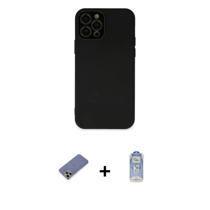 MARSİLYAN™- iPhone 12 Pro Max Kılıf Çekirdek Modern Serisi - Siyah Joko Magic 5D Cam + Gold Metal Kamera Lens Koruma Cam