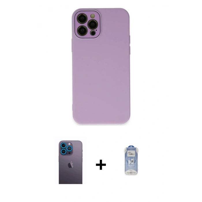 MARSİLYAN™- iPhone 12 Pro Max Kılıf Çekirdek Modern Serisi - Siyah Joko Magic 5D Cam + Mavi Neon Fosforlu Kamera Lens