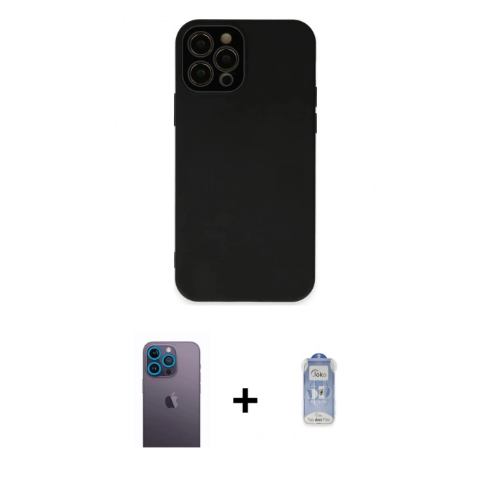 MARSİLYAN™- iPhone 12 Pro Max Kılıf Çekirdek Modern Serisi - Siyah Joko Magic 5D Cam + Mavi Neon Fosforlu Kamera Lens