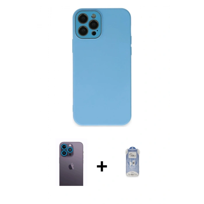 MARSİLYAN™- iPhone 12 Pro Max Kılıf Çekirdek Modern Serisi - Siyah Joko Magic 5D Cam + Mavi Neon Fosforlu Kamera Lens