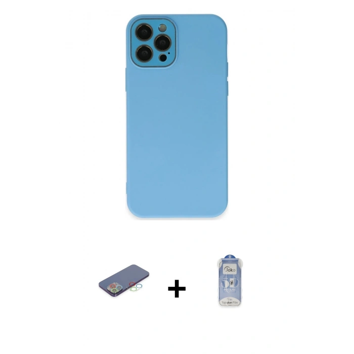 MARSİLYAN™- iPhone 12 Pro Max Kılıf Çekirdek Modern Serisi - Siyah Joko Magic 5D Cam + Mavi Renkli Kamera Lens Koruma Cam