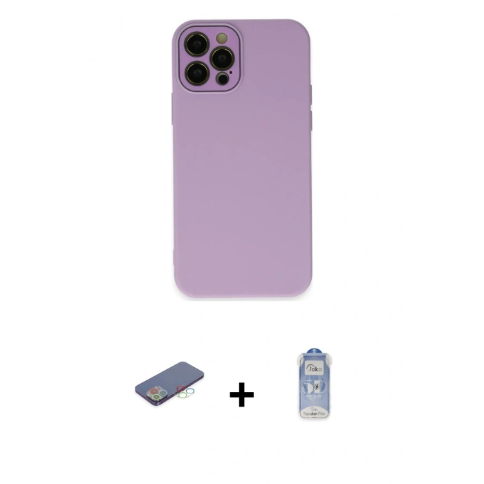 MARSİLYAN™- iPhone 12 Pro Max Kılıf Çekirdek Modern Serisi - Siyah Joko Magic 5D Cam + Mavi Renkli Kamera Lens Koruma Cam