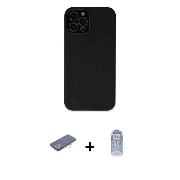 MARSİLYAN™- iPhone 12 Pro Max Kılıf Çekirdek Modern Serisi - Siyah Joko Magic 5D Cam + Mavi Renkli Kamera Lens Koruma Cam