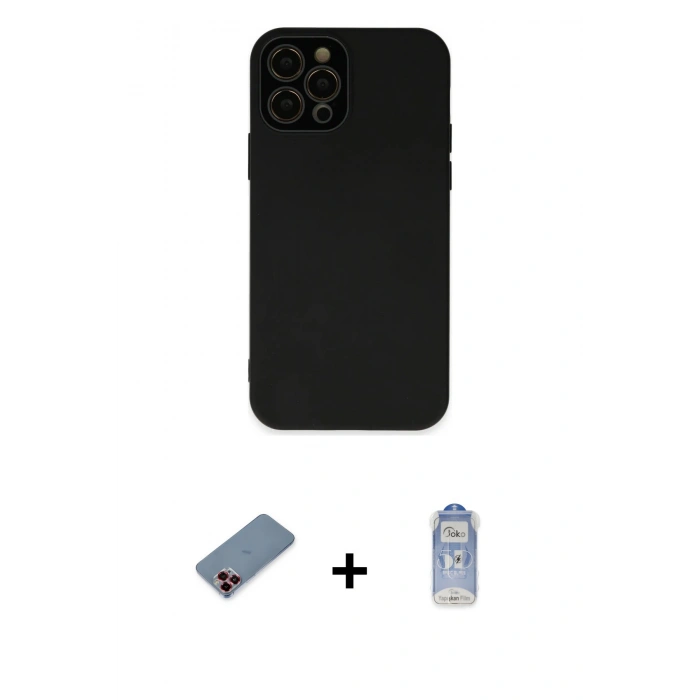 MARSİLYAN™- iPhone 12 Pro Max Kılıf Çekirdek Modern Serisi - Siyah Joko Magic 5D Cam + Metal Kamera Lens Koruma Cam - KI