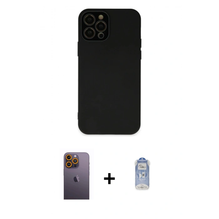 MARSİLYAN™- iPhone 12 Pro Max Kılıf Çekirdek Modern Serisi - Siyah Joko Magic 5D Cam + Neon Fosforlu Kamera Lens - SI