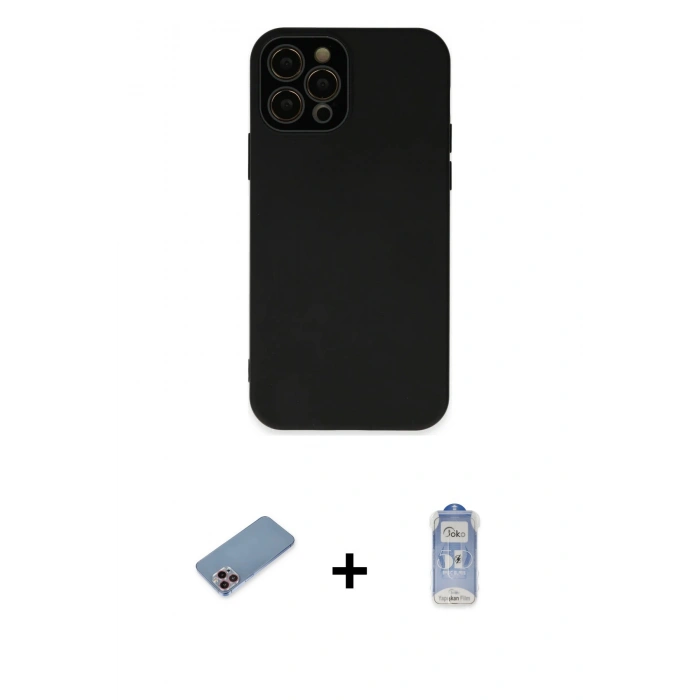 MARSİLYAN™- iPhone 12 Pro Max Kılıf Çekirdek Modern Serisi - Siyah Joko Magic 5D Cam + Shine Kamera Lens Koruma Cam - PE