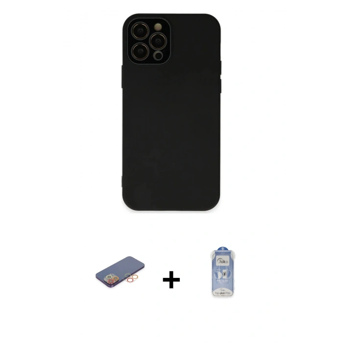 MARSİLYAN™- iPhone 12 Pro Max Kılıf Çekirdek Modern Serisi - Siyah Joko Magic 5D Cam + Renkli Kamera Lens Koruma Cam - TU