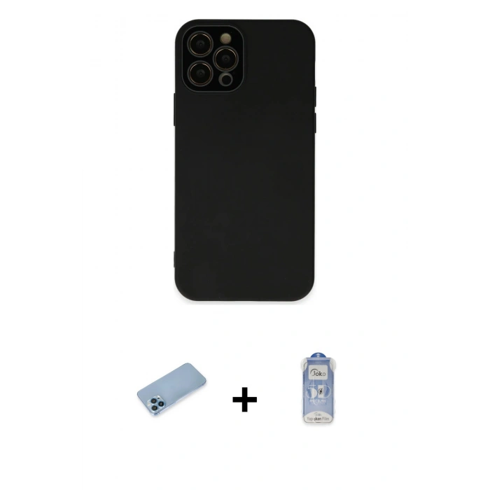 MARSİLYAN™- iPhone 12 Pro Max Kılıf Çekirdek Modern Serisi - Siyah Joko Magic 5D Cam + Shine Kamera Lens Koruma Cam - MI