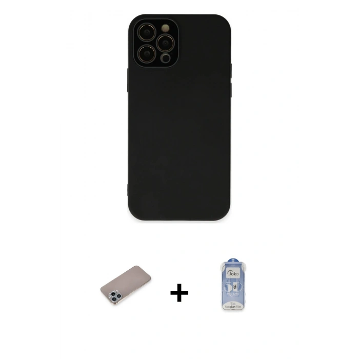 MARSİLYAN™- iPhone 12 Pro Max Kılıf Çekirdek Modern Serisi - Siyah Joko Magic 5D Cam + Shine Kamera Lens Koruma Cam - SABE