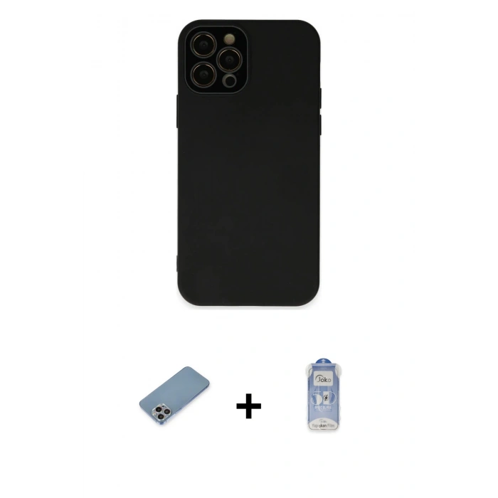 MARSİLYAN™- iPhone 12 Pro Max Kılıf Çekirdek Modern Serisi - Siyah Joko Magic 5D Cam + Shine Kamera Lens Koruma Cam - GI