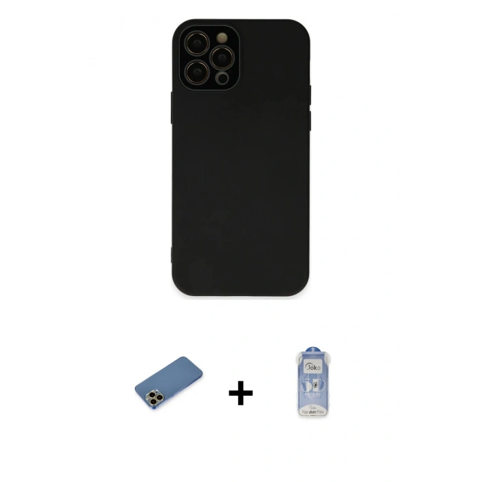 MARSİLYAN™- iPhone 12 Pro Max Kılıf Çekirdek Modern Serisi - Siyah Joko Magic 5D Cam + Shine Kamera Lens Koruma Cam - GD