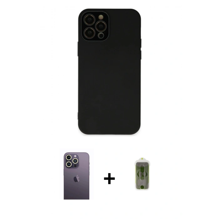 MARSİLYAN™- iPhone 12 Pro Max Kılıf Çekirdek Modern Serisi - Siyah Joko Magic 5D Hayalet Cam + Neon Fosforlu Kamera Lens - BZ