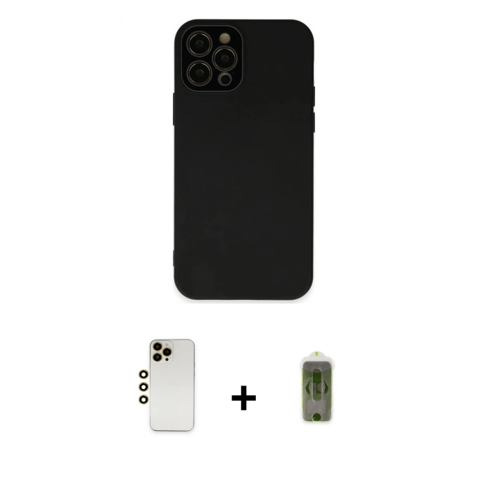 MARSİLYAN™- iPhone 12 Pro Max Kılıf Çekirdek Modern Serisi - Siyah Joko Magic 5D Hayalet Cam + Gold Shine Kamera Lens