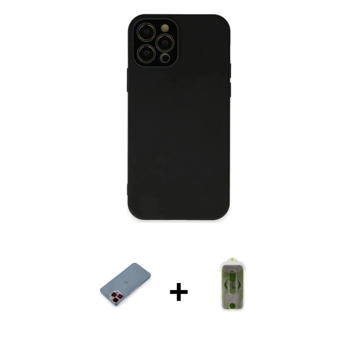 MARSİLYAN™- iPhone 12 Pro Max Kılıf Çekirdek Modern Serisi - Siyah Joko Magic 5D Hayalet Cam + Metal Kamera Lens Koruma Cam - KI