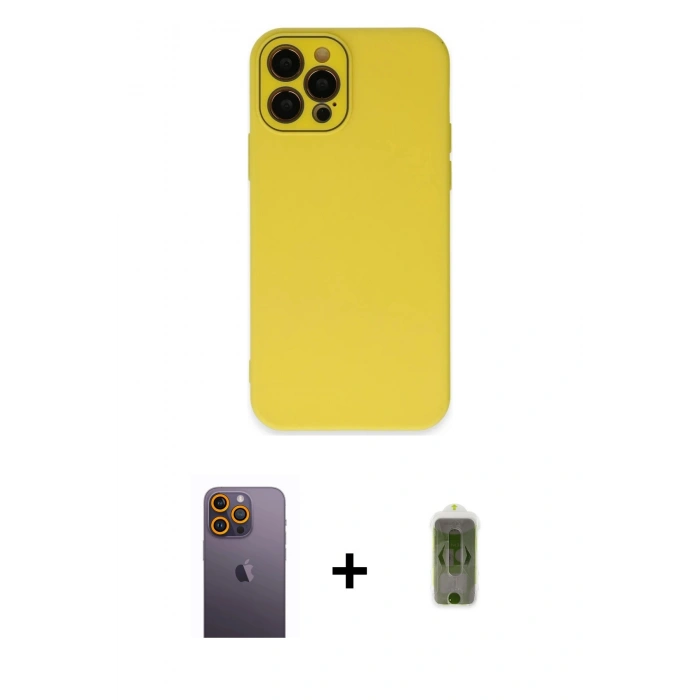 MARSİLYAN™- iPhone 12 Pro Max Kılıf Çekirdek Modern Serisi - Siyah Joko Magic 5D Hayalet Cam + Neon Fosforlu Kamera Lens - SI