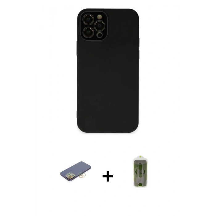 MARSİLYAN™- iPhone 12 Pro Max Kılıf Çekirdek Modern Serisi - Siyah Joko Magic 5D Hayalet Cam + Renkli Kamera Lens Koruma Cam - SI