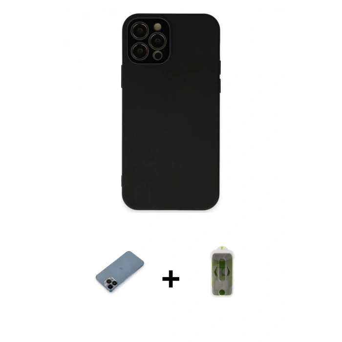 MARSİLYAN™- iPhone 12 Pro Max Kılıf Çekirdek Modern Serisi - Siyah Joko Magic 5D Hayalet Cam + Shine Kamera Lens Koruma Cam - SH