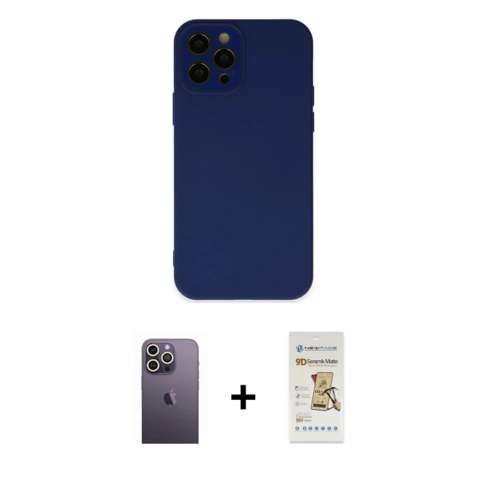 MARSİLYAN™- iPhone 12 Pro Max Kılıf Çekirdek Modern Serisi - Siyah Mat Seramik Nano Ekran Koruyucu + Neon Fosforlu Kamera Lens - BZ