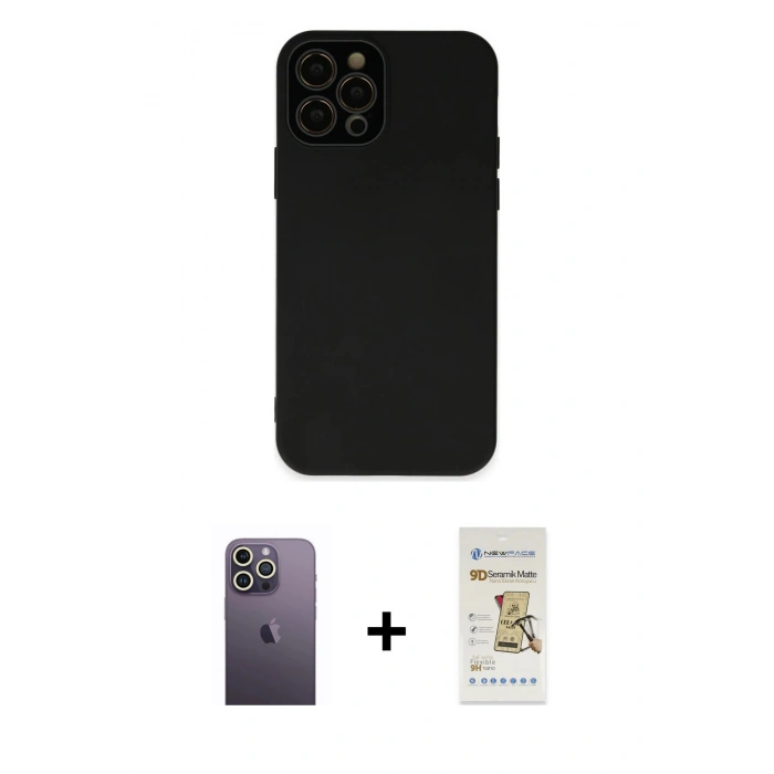 MARSİLYAN™- iPhone 12 Pro Max Kılıf Çekirdek Modern Serisi - Siyah Mat Seramik Nano Ekran Koruyucu + Neon Fosforlu Kamera Lens - BZ