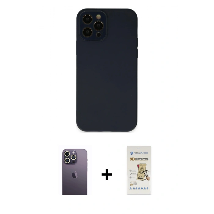 MARSİLYAN™- iPhone 12 Pro Max Kılıf Çekirdek Modern Serisi - Siyah Mat Seramik Nano Ekran Koruyucu + Neon Fosforlu Kamera Lens - BZ