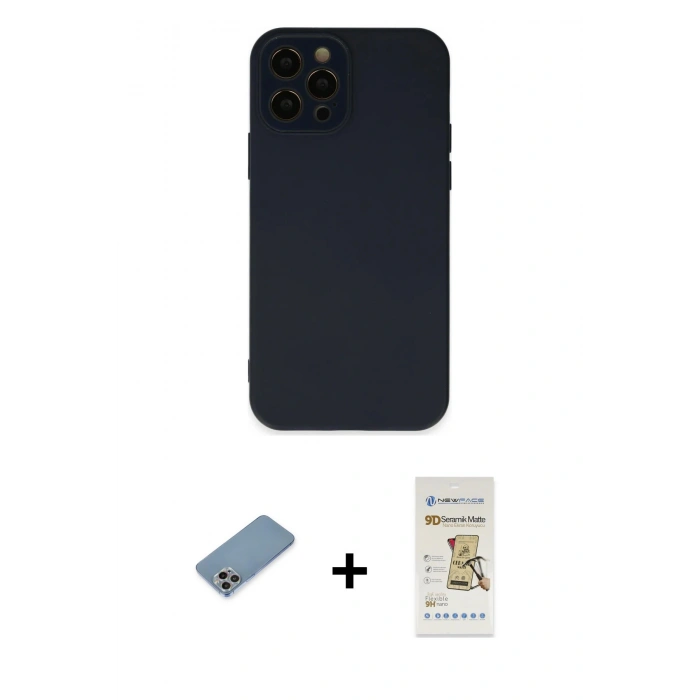 MARSİLYAN™- iPhone 12 Pro Max Kılıf Çekirdek Modern Serisi - Siyah Mat Seramik Nano Ekran Koruyucu + Shine Kamera Lens Koruma Cam - GI