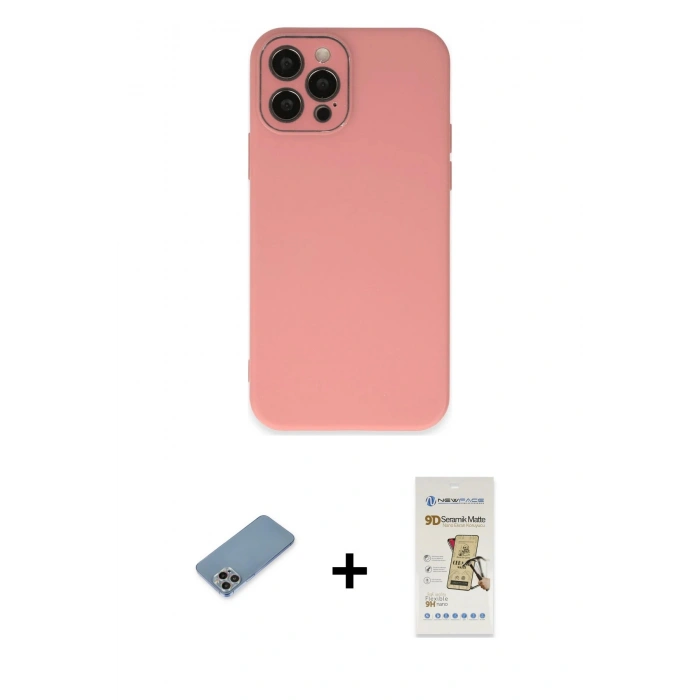 MARSİLYAN™- iPhone 12 Pro Max Kılıf Çekirdek Modern Serisi - Siyah Mat Seramik Nano Ekran Koruyucu + Shine Kamera Lens Koruma Cam - GI