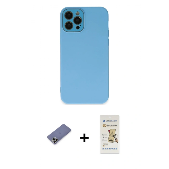 MARSİLYAN™- iPhone 12 Pro Max Kılıf Çekirdek Modern Serisi - Siyah Mat Seramik Nano Ekran Koruyucu + Metal Kamera Lens Koruma Cam - GD