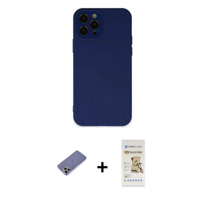 MARSİLYAN™- iPhone 12 Pro Max Kılıf Çekirdek Modern Serisi - Siyah Mat Seramik Nano Ekran Koruyucu + Metal Kamera Lens Koruma Cam - GD